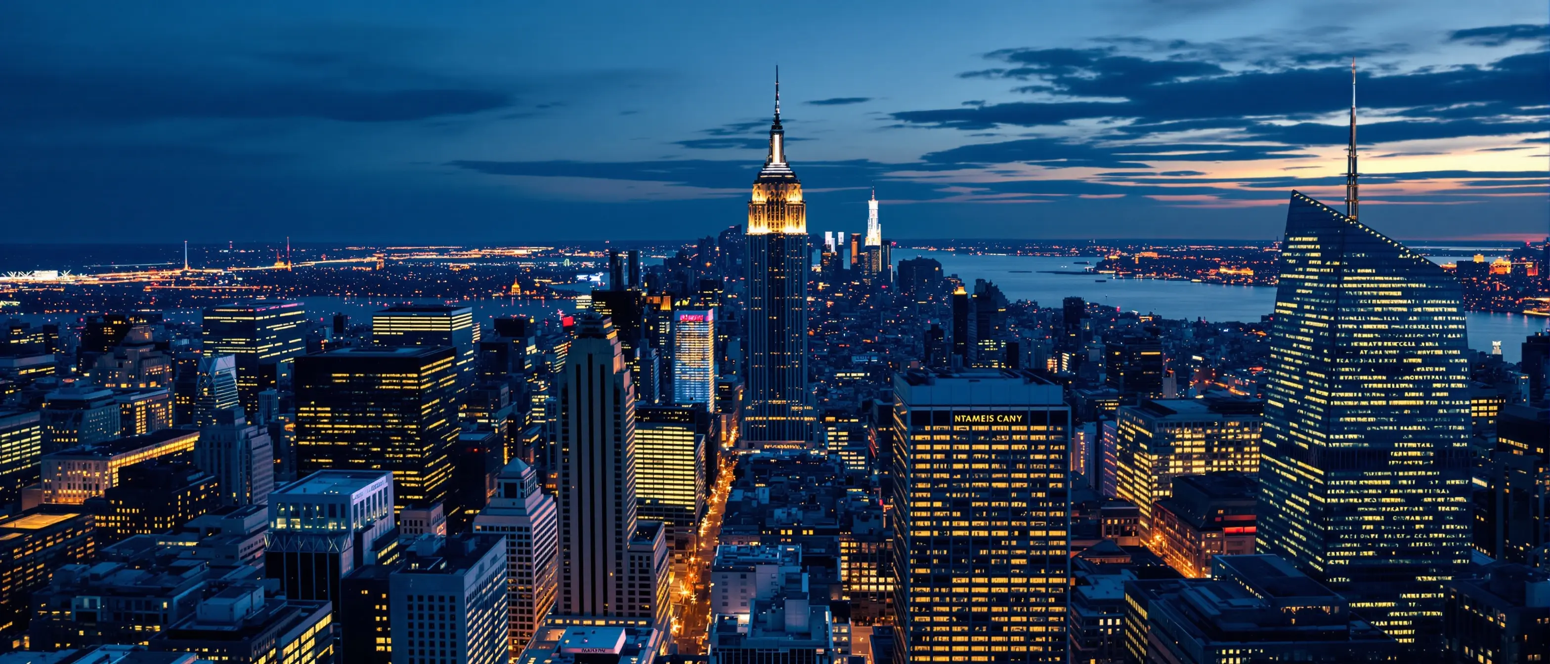 Aerial view of an American city skyline at dusk with financial district buildings