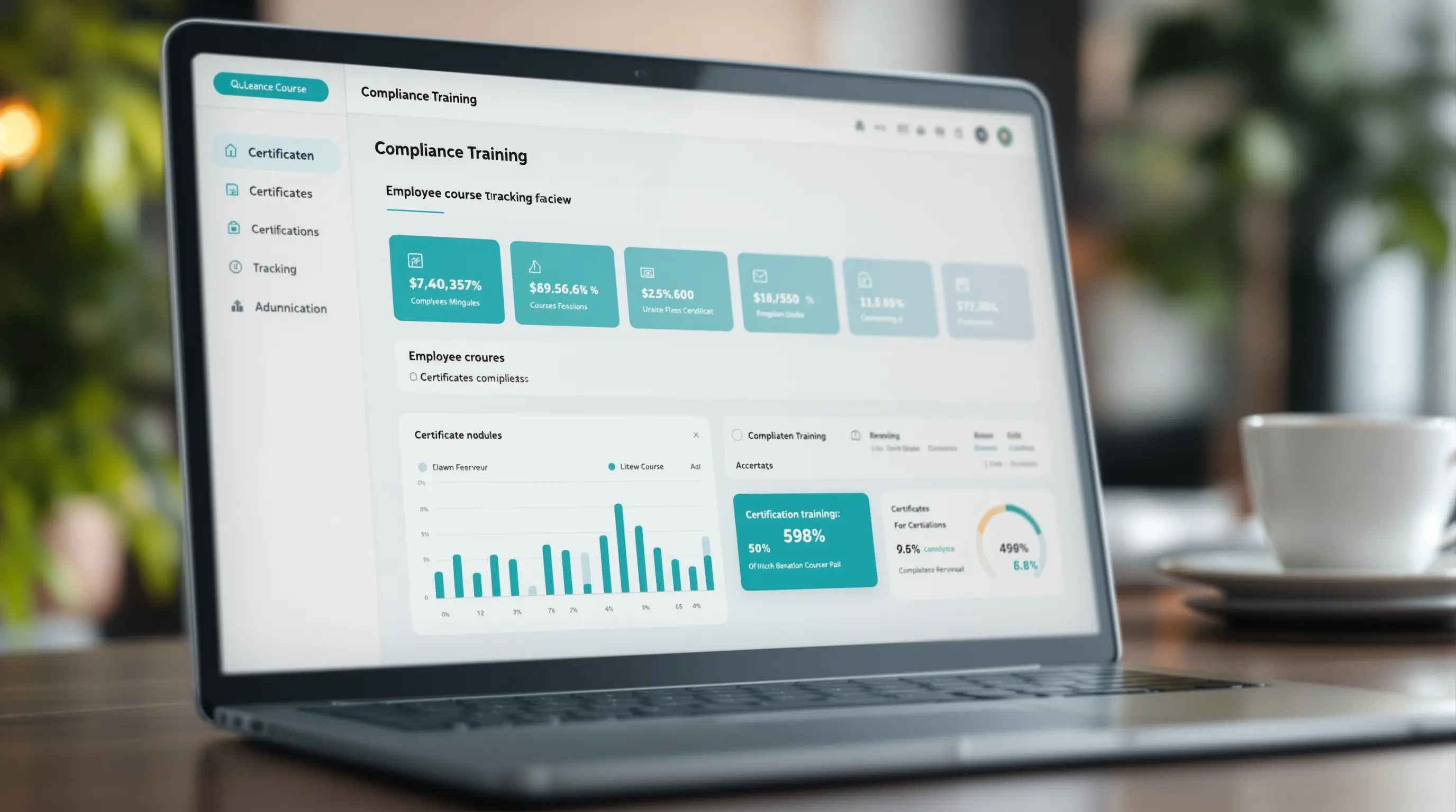 Soflo Consulting LMS dashboard preview with training records, certificates, and compliance reports